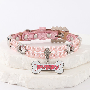 ปลอกคอสัตว์เลี้ยงหนัง PU ประดับลูกปัดรูปกระดูกขนาดใหญ่ พร้อมจี้หัวแมวประดับมุกเทียมและคริสตัล สำหรับลูกสุนัขและสัตว์เลี้ยงอื่นๆ - Product Image 2