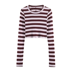 Camiseta Corta a Rayas de Manga Larga con Cuello Redondo y Dobladillo Recto, Transpirable, Informal y Versátil para Mujer, Nueva Colección de Primavera - Product Image 1