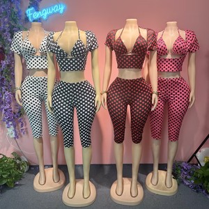 Nouvel ensemble 3 pièces sexy pour femme 2026 : crop top à manches courtes imprimé pois et patchwork, et pantalon - Product Image 1
