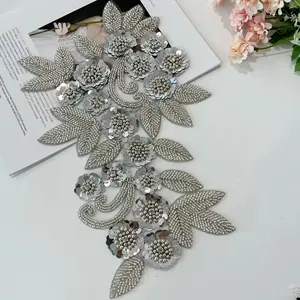 Vestido de noiva com apliques de strass para bordado de flores e miçangas, acessório de renda para roupas femininas, mais vendido