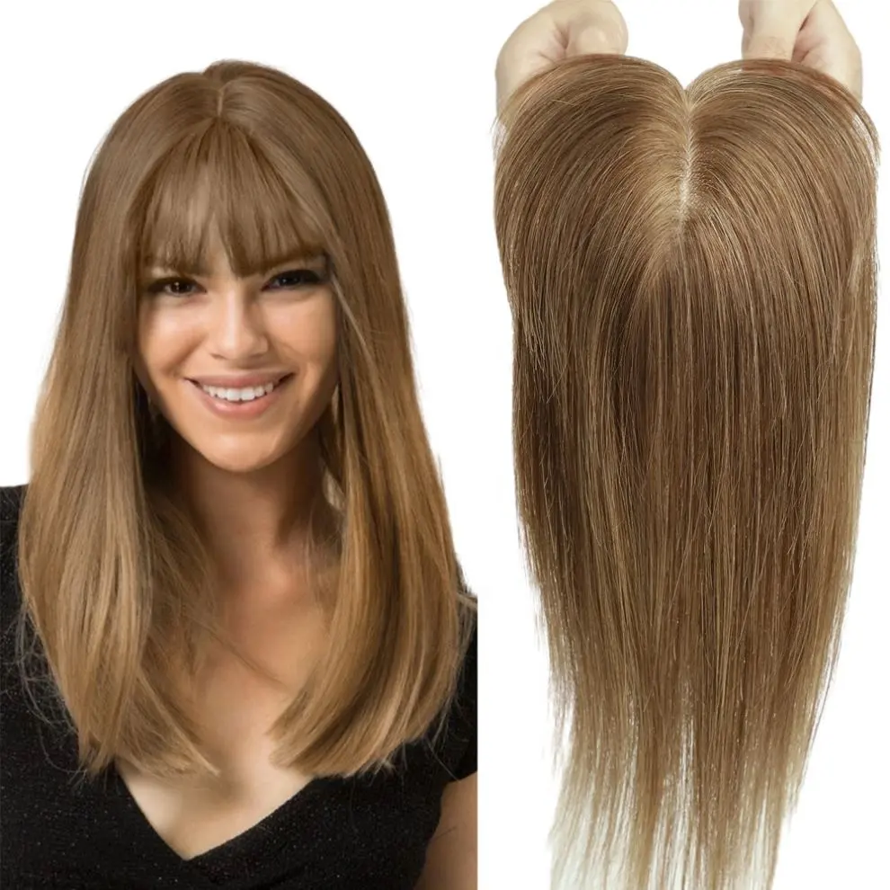 100% Remy Raw Human Hair Piece Honey Brown Human Hair Topper with Bangs for Women Long 613 Blonde Short Brazilian Hair