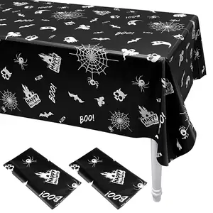 Eco-Friendly Black Halloween Tablecloth Spider Web Halloween Ghost Rectangular Plastic Table Cover For Indoor Outdoor Party
