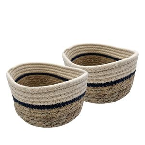 Ensemble de 2 paniers ronds en coton et corde de jacinthe, 22x18x10 cm, rangement décoratif pour chambre et salle de bain - Product Image 1