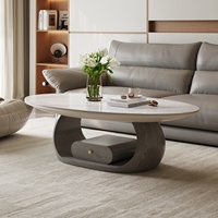 Table basse ovale moderne pour petit appartement, en bois massif avec plateau en dalle de roche, rangement intégré, mobilier de salon design, luxe léger