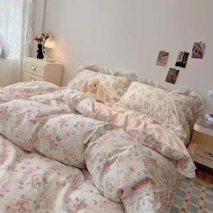 Set di Biancheria da Letto in Cotone Stile Pastorale Coreano con Rose <span class=keywords><strong>Rosa</strong></span>, <span class=keywords><strong>Copripiumino</strong></span> a Doppio Strato con Volant e Pizzo Traforato - Product Image 4