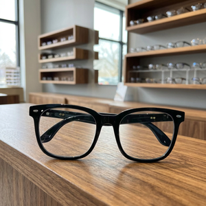 Lunettes à monture carrée noire en plastique et titane présentées sur comptoir en bois dans un magasin d'optique - Product Image 1