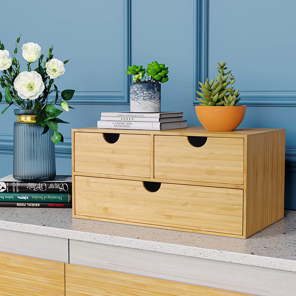 Bamboo Desk Organizer Mini Bamboo Desk Drawer Tabletop Storage Organization Box for Office Home Toiletries Supplies
