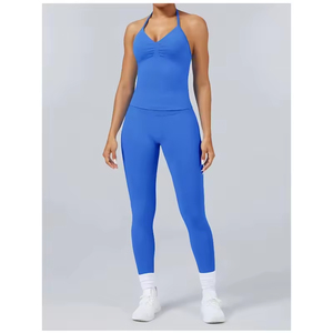 Costume de yoga beau dos licou solide hanche ascenseur ensembles de sport séchage rapide haut sans manches Scrunch bout à bout Leggings costumes de course - Product Image 4