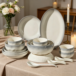 White Grey Ceramic <b>Dinnerware</b> <b>Set</b> Porcelain Bowl Spoon Plates <b>Sets</b> Ceramic Dinner Plates Serving Tableware <b>for</b> Restaurant - Product Image 1