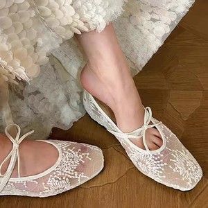 Chaussures de ballet respirantes en maille brodée pour femmes, beige, avec nœud, bout carré, semelle intermédiaire légère en EVA, semelle extérieure en caoutchouc, tendance - Product Image 3