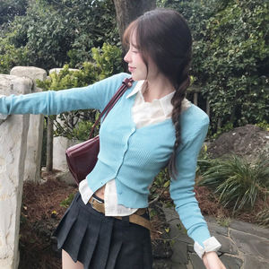 Women Sweet Preppy Lace Trim Button Down Knit <b>Cardigan</b> Slim Fit Long Sleeve <b>Crochet</b> Sweater Top - Product Image 4