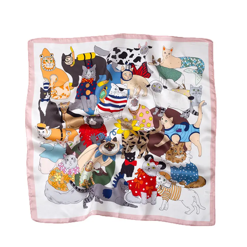 New Trend Product Cartoon Animal Cat Printed Real Silk Scarf Square Neck Bag Or Hair Accessory Satin Scarfs
