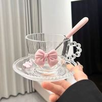 Schattig 3D roze strik met kraaltjes handvat glazen kop en schotel lepels set transparant koffiemok voor latte melkthee afternoon tea meisjes cadeau