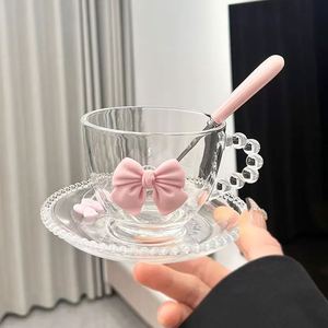 Lindo juego de taza de vidrio con lazo rosa 3D, asa con cuentas, platillo y cuchara, transparente, para café, latte, té con leche, té de la tarde, regalo para niña - Product Image 1