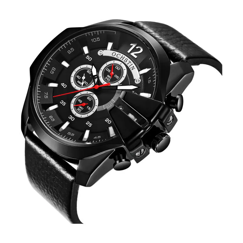 Men Casual Quartz Big Face Watch Black Leather Strap Auto Date Male black watch for man