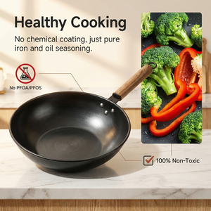 <span class=keywords><strong>Wok</strong></span> antiadhésif en acier au carbone écologique grande capacité, compatible gaz et induction, avec poignée en bois - Product Image 2