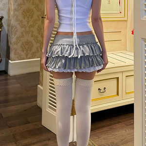 Minifalda de Verano con Volantes, Cintura Natural, Inserto en Contraste y Ribete de Encaje, Transpirable - Product Image 4