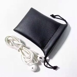 Custom <b>Black</b> PU Leather Travel <b>Storage</b> Bag with Embossed Logo Mini Drawstring Dust Bag for Headset Jewelry Watch - Product Image 6