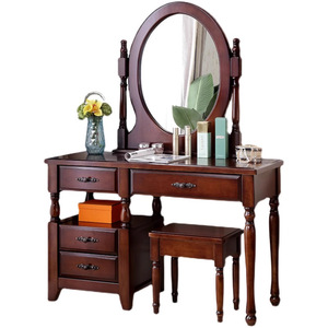 American Style Solid Wood <b>Dressing</b> Table With Mirror And Stool For Bedroom Mahogany Finish - Product Image 3