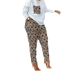Костюм из двух предметов, модный простой Однотонный женский топ с круглым вырезом, Повседневная белая рубашка с длинным рукавом, женские футболки и брюки, комплекты