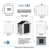 Abri de jardin KENDA OEM en PP rotomoulé 8x6 pieds, verrouillable, étanche, pour outils de jardin, avec plancher, garantie 10 ans