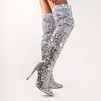 Bottes hautes pour femme Stage Glam, bleu argenté dégradé, à bout pointu, talon aiguille, fermeture éclair latérale, brillantes, pour soirée en boîte de nuit, au-dessus du genou, à talons hauts