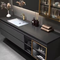 Kabinet Kamar Mandi Kayu Solid Modern Kapasitas Besar, Tutup Lembut, Ramah Lingkungan, Tahan Air, Abu-Abu Putih, Pintar, Tahan Lama, Dilengkapi Cermin LED