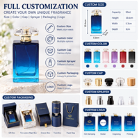 Flacon de parfum bleu dégradé en gros 50ml 1.7oz, base en verre épais, col doré brillant, bouchon arqué, emballage personnalisé