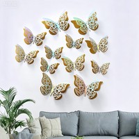 12 pièces/paquet Autocollants muraux 3D creux en forme de papillon, autocollants muraux adhésifs pour la décoration de la chambre à coucher, décoration de fête d'anniversaire, décalcomanies murales DIY