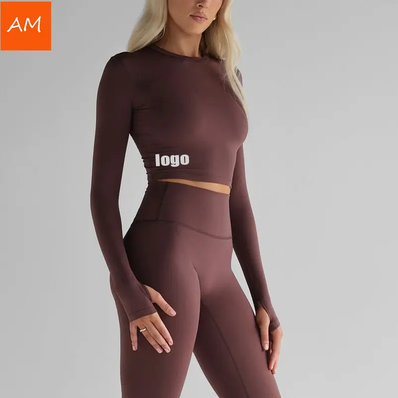 Logo personalizzato allenamento manica lunga Yoga manica lunga manica lunga Crop Top per le donne