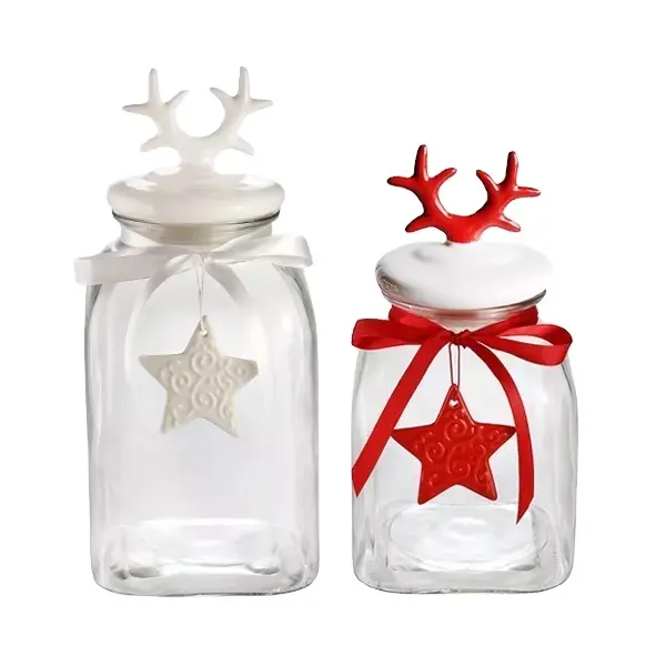Customized Christmas Decoration Sealed Square Food kitchen jars storage glass storage glass jar with lid
