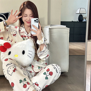 Otoño impreso transpirable cintura elástica Casual suave hilo nube dibujos animados lindo pijama mujer traje <span class=keywords><strong>de</strong></span> manga larga pantalones hogar - Product Image 3