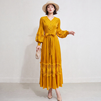 Robe plissée élégante pour femme, qualité supérieure, style A-line, ajourée, en dentelle, col en V, avec ceintures, collection 2026, pour les vacances, vente en gros