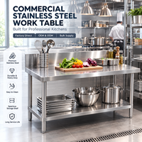 Table de travail en acier inoxydable avec crédence et étagère ouverte pour comptoir de charcuterie et épicerie, prête à l'emploi