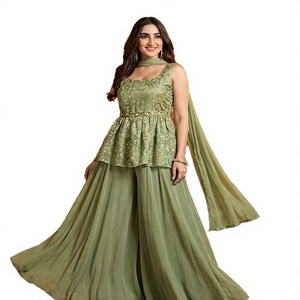 Ensemble Sharara traditionnel Bandhani vert pistache Rang Mahal en jacquard de soie et mousseline, avec manches supplémentaires, longueur ras du sol, pour femme, décontracté - Product Image 3
