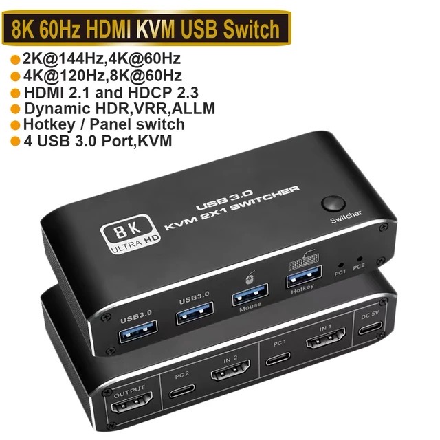 8K HDMI 2x1 Switcher スイッチャー 8K HDMI 2.1 KVMスイッチスプリッター USB 3.0 KVMスイッチャー USB 2