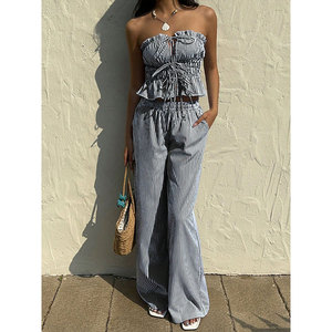 2 pezzi Casual senza colletto <span class=keywords><strong>corto</strong></span> senza maniche abito da <span class=keywords><strong>donna</strong></span> con cravatta-Top in vita arricciata e pantaloni a figura intera - Product Image 2