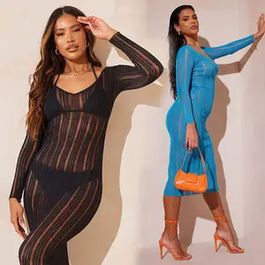 Copricostume da spiaggia lavorato a maglia casual sexy see through long maxi summer vita alta backless new design beachwear dresses