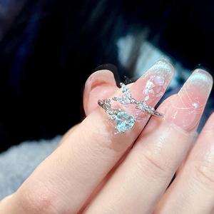S925 Pure Silver Sea Blue Heart Diamond Fish Tail Ring Luxury High-End Fashion Ring <b>Sweet</b> Niche <b>Personality</b> Index Finger Design - Product Image 1