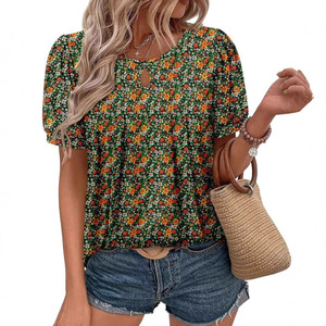 Dropshipping Shopify Blusa Túnica Casual de Verano para Mujer, Tallas Grandes, Estampado Floral, Cuello Redondo, Manga Corta, Fruncida - Product Image 4