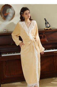 Jubah mandi wanita lengan panjang, jubah mandi wanita musim dingin, renda kerut, Gaun rias wanita, leher V, Kimono bulu untuk wanita - Product Image 2