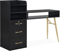 Table à ongles moderne en bois HONGZI avec 3 tiroirs et 4 étagères, poignées et pieds dorés - Mobilier de salon commercial pour instituts de beauté et spas