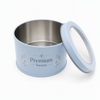 Boîte en métal ronde bleue personnalisée avec couvercle transparent pour biscuits, chocolats et cadeaux