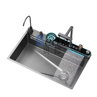 Robinet de cuisine intelligent monocommande moderne multifonctionnel fait main avec surface nano, effet cascade, pour usage commercial, en acier inoxydable et laiton