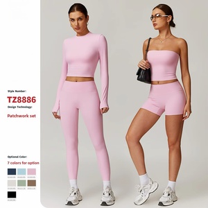 Set of 2 Brushed High-Waisted Tight Long-Sleeve Yoga Suit Set for <strong>Women</strong> with Nylon Spandex and <strong>Pull</strong>-<strong>On</strong> Closure 8886 - Product Image 2