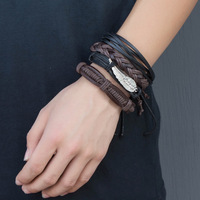 Ensemble de bracelets en cuir tressé pour homme, style vintage, avec motifs œil, guitare et feuille, collection Believe