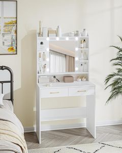 Table de maquillage avec <span class=keywords><strong>miroir</strong></span> et éclairage <span class=keywords><strong>LED</strong></span>, bureau de toilette à luminosité réglable, table de toilette avec étagères et 2 tiroirs - Product Image 6