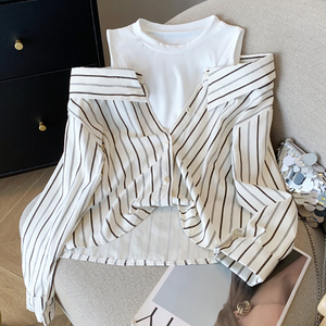 Camicia da donna a <span class=keywords><strong>maniche</strong></span> <span class=keywords><strong>lunghe</strong></span> a righe con scollo rotondo e spalle scoperte, nuova collezione estiva 2026, all'ingrosso per boutique - Product Image 5