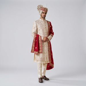STUNNING RESHAM THREADS EMBROIDERY on ROSE GOLD GROOM SHERWANI and <b>PANT</b> WITH EMBELLISHED CRYSTAL GLASS BEADS,DABKA WORK = 2024 - Product Image 5