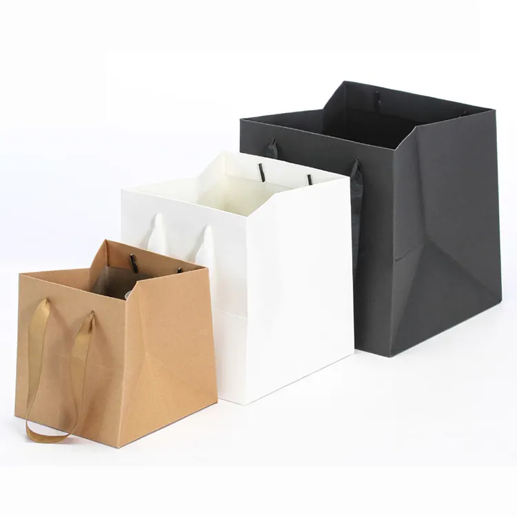 Colorful Luxury Gift Flower Shopping Long Tote Bags Wholesale Square White Black Paper Bag With Handle